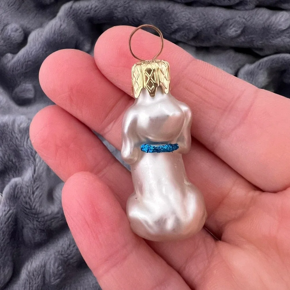 Tiny White Dog Christmas Ornament Puppy Glitter Collar Holiday‎ Tree Decor
